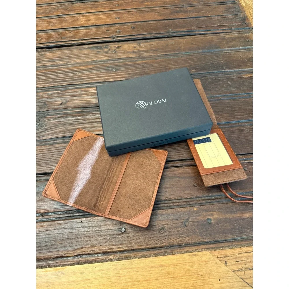 Leeman Designs Tan Leather Passport Cover and Luggage Tag Travel Gift Set Global